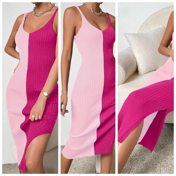 Women's 2023 Bodycon Midi Dress Colorblock Ribbed Knit Dress Pink med nwot - Picture 1 of 11